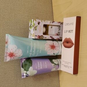 Lacura lip kit, hair oil, hand cream and exfoliant